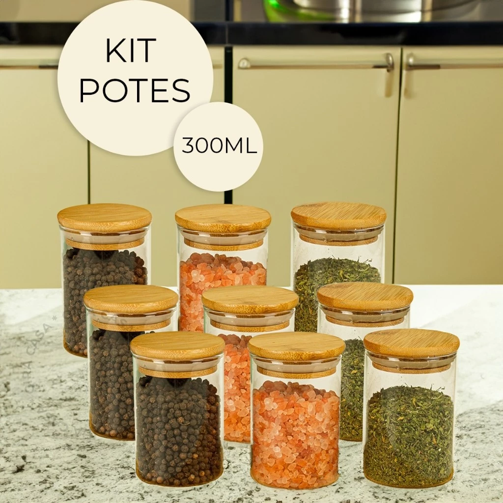 Kit potes de vidro com tampa de bambu 300ml